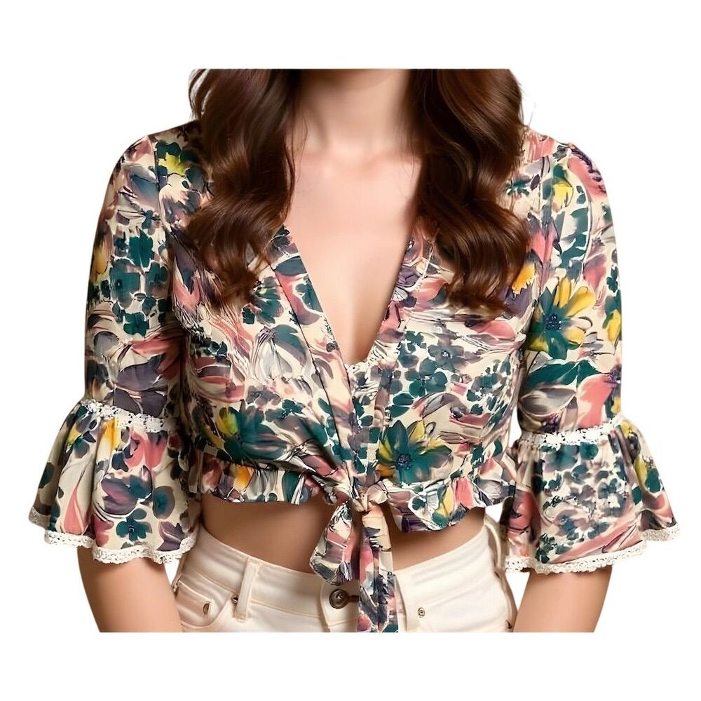 Karma Highway Women's Floral Tie Front Crop Top V-Neck‎ Ruffle Sleeve M